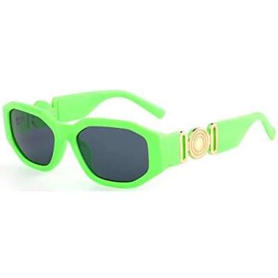 Trendy Rectangle Irregular Sunglasses for Women Men Small Shades Wide Temple with Gold Medallion UV Protection