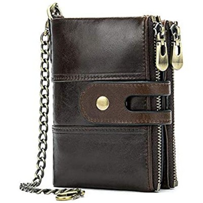 BISON DENIM Men's Leather Wallet Front Pocket Wallet Credit Card Wallet Double Zipper Pocket Card Holder with Anti-Theft Chain