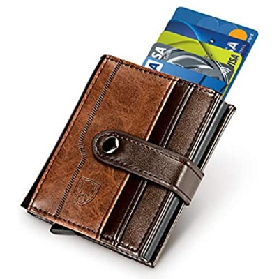 Coiol Men's Genuine Leather Wallet RFID Blocking Aluminum Automatic Pop Up Credit Card Holder Case (Brown)