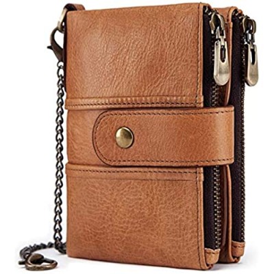 Earning Power Mens Wallet RFID Blocking Soft Genuine Leather Gents Wallet With Chain Double Zipper and Coin Pocket Small Mens Bifold Wallets 16 Card Holder (Khaki)