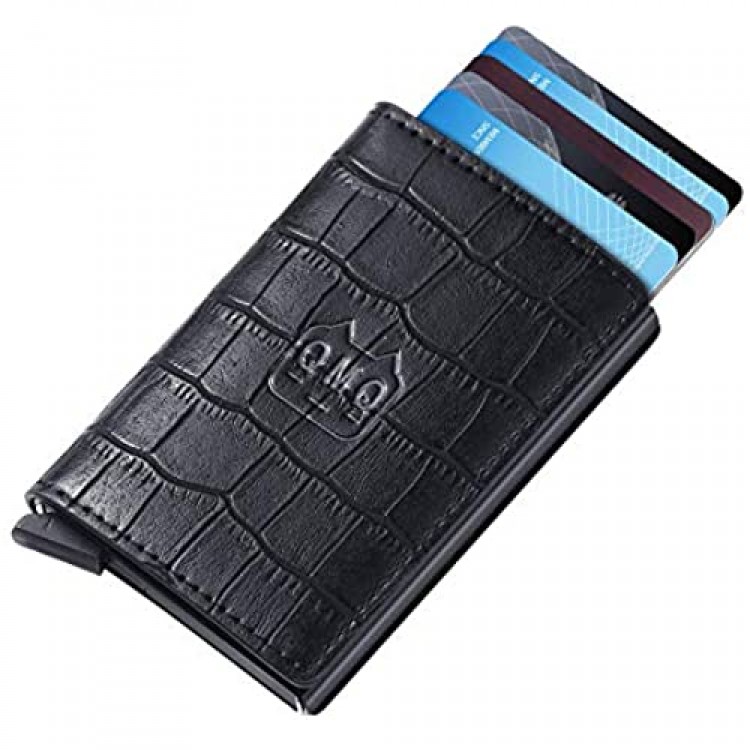 QMQ Pop Up Wallet Minimalist Slim Wallet RFID Blocking Credit Card Holder Case Automatic Quick Access Wallet Genuine Leather Aluminum Business Card Wallet with Money Clip for Men (Black)