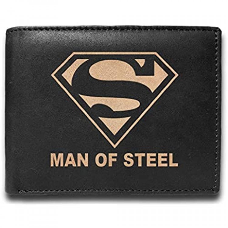 Superman Man of Steel RFID Blocking Cowhide Leather Laser Engraved Slimfold Men Large Capacity Luxury Wallet Slim BLACK Credit Card Holder Organizer 14 Pocket