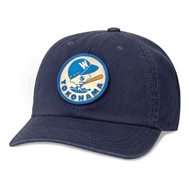 AMERICAN NEEDLE Yokohama Whales Baseball Hat Japanese Central League Casual Relaxed Fit with Curved Brim Adjustable Buckle Strap Dad Cap Hepcat Collection Navy (43870A-YOW-NAVY)
