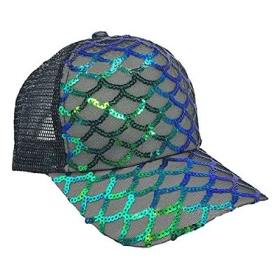Maticr Unisex Bling Mermaid Scales Sequin Trucker Hats Adjustable Mesh Caps Baseball Party Hat