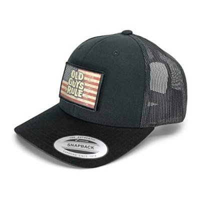 OLD GUYS RULE Trucker Hat + US Flag Patch Set by Pull Patch | Authentic Snapback Baseball Cap | Curved Bill 2x3 in Hook & Loop Surface 6 Panel | Black