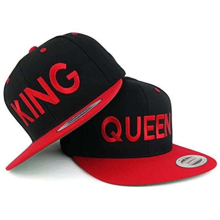 Trendy Apparel Shop King and Queen Two Tone Embroidered Flat Bill Snapback Cap - 2pc Set