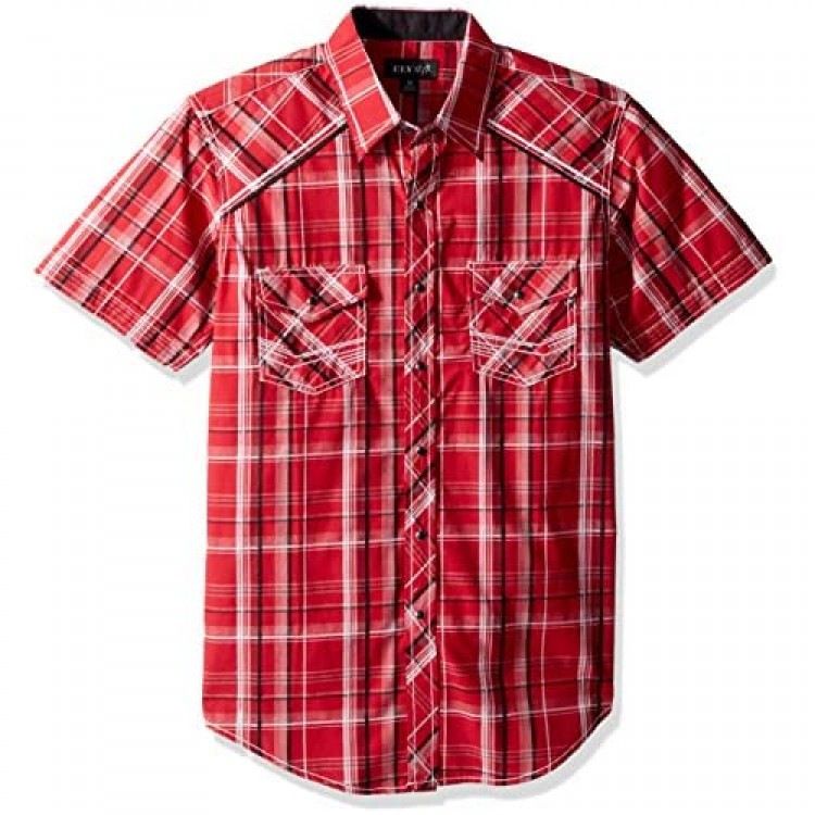 ELY CATTLEMAN Men's Short Sleeve Textured Plaid Shirt with Accent Stitch
