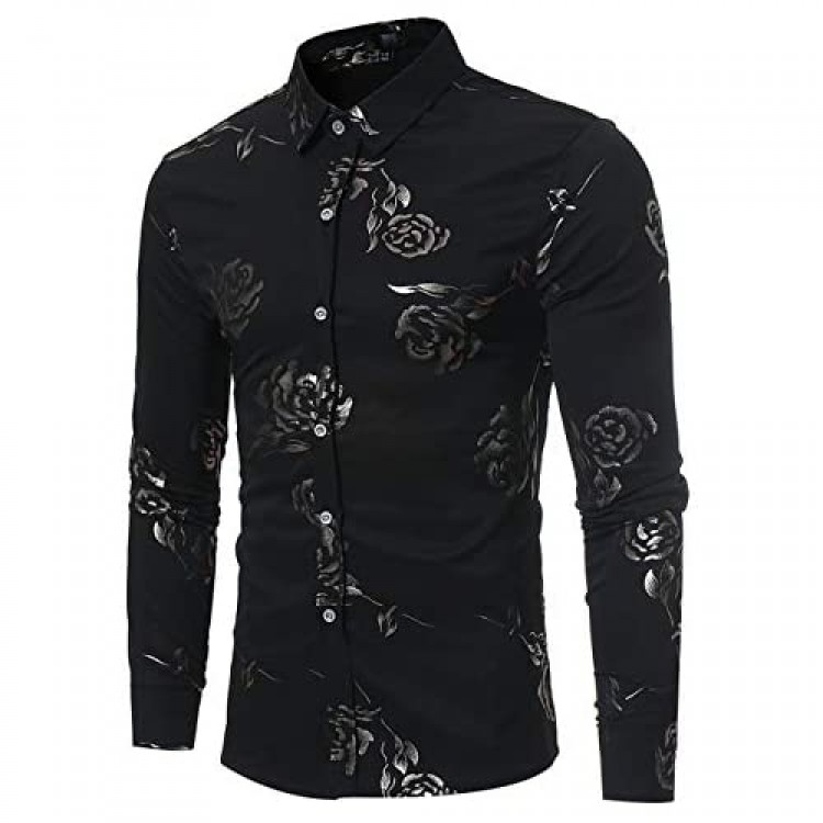 JASSYOY Men's Rose Printed Long Sleeve Shirt Business Casual Button Down Dress Shirts