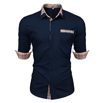 LecGee Men's Cotton Casual Long Sleeve Dress Shirt Plaid Collar Regular Fit Button Down Shirts